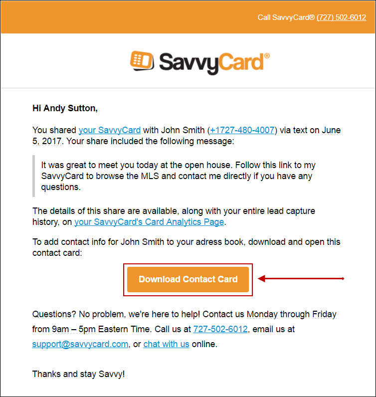 New SavvyCard Save Contact Information Option