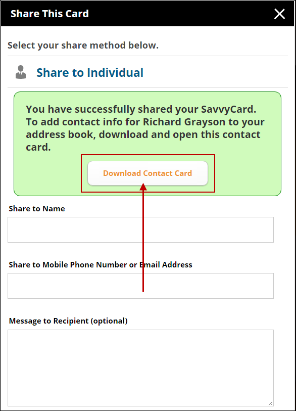 New SavvyCard Save Contact Information Option