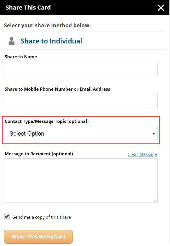 SavvyCard Share Message Template Screenshot