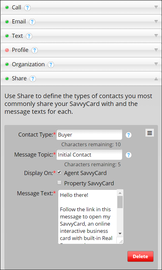 SavvyCard Share Message Template Editor Screenshot
